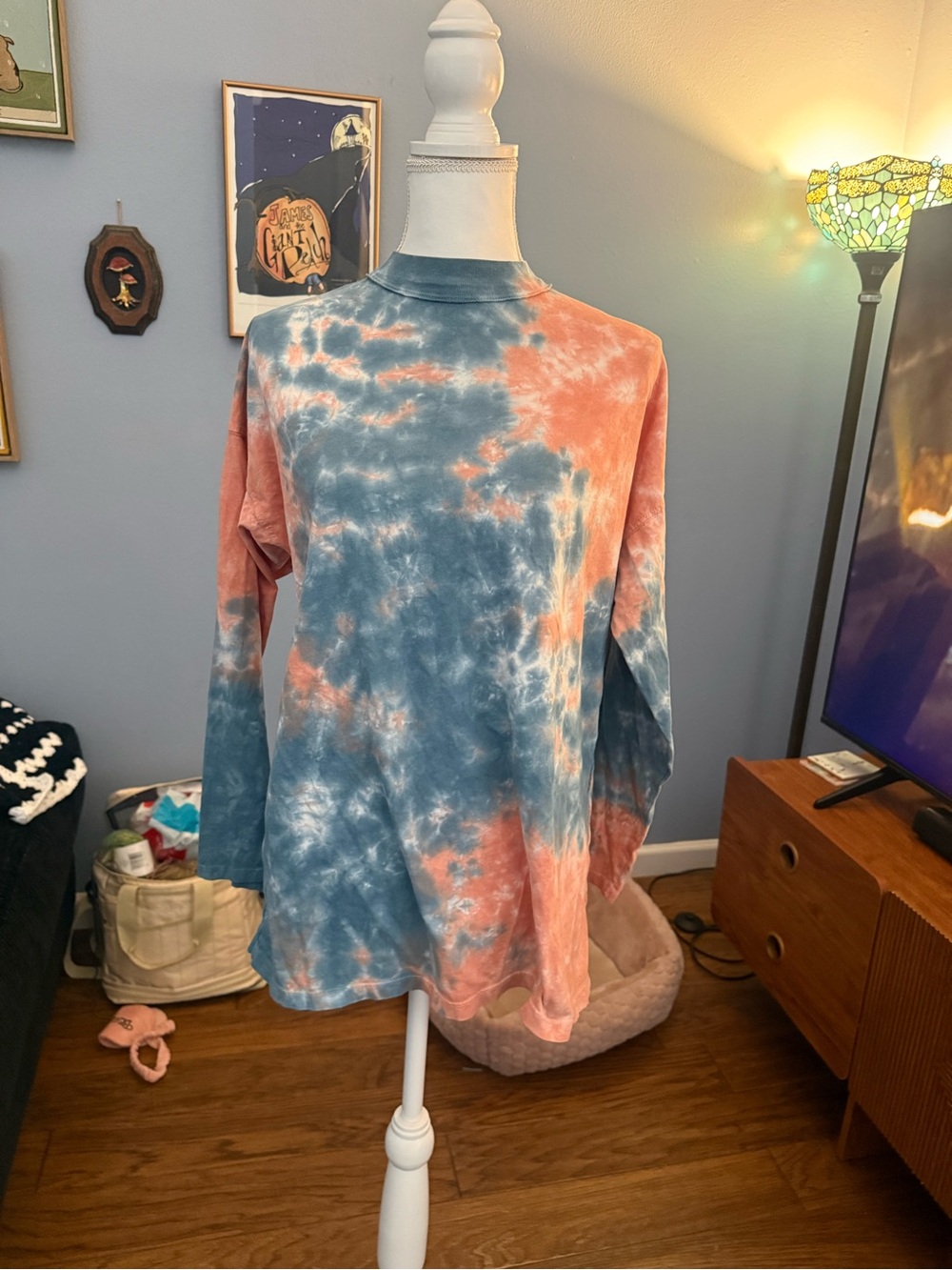 We The Free Long Sleeve Tie-Dye Tee in Blue and Coral